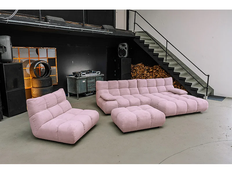 Canapé d'angle pouf rembourré fauteuil pivotant Set - Rose Velours côtelé - VIVIEN