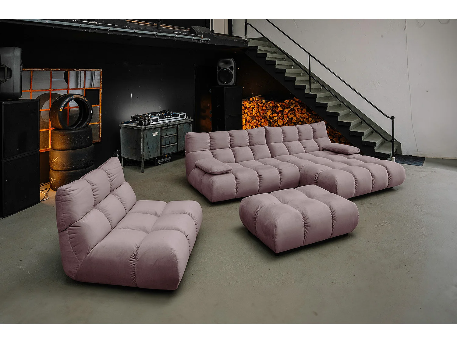 Canapé d'angle pouf rembourré fauteuil pivotant Set - Gris Velours - VIVIEN