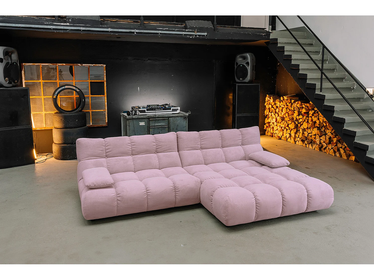 Ecksofa Polsterhocker Drehsessel Set - Pink Cord - VIVIEN