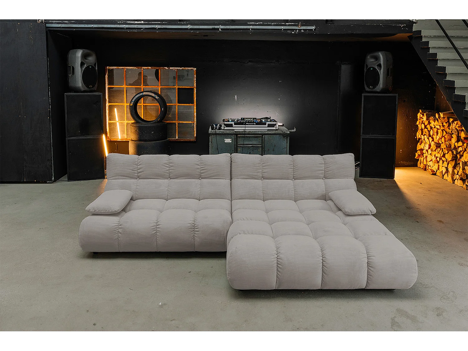 Ecksofa Polsterhocker Drehsessel Set - Grau Cord - VIVIEN