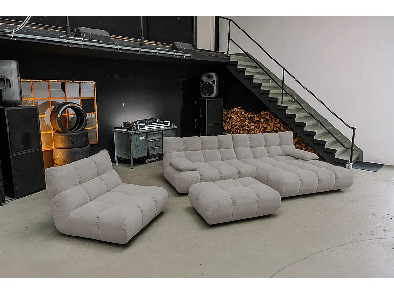 Canapé d'angle pouf rembourré fauteuil pivotant Set - Gris Velours côtelé - VIVIEN