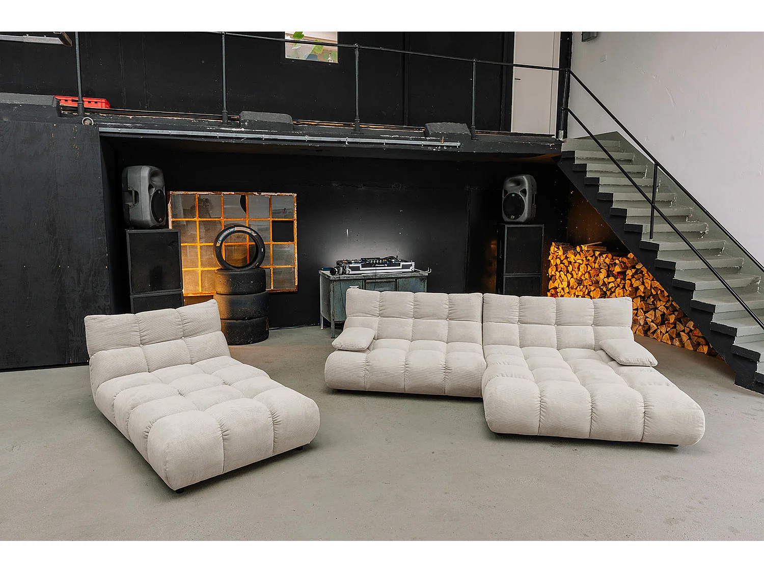 Ecksofa Polsterhocker Drehsessel Set - Beige Cord - VIVIEN