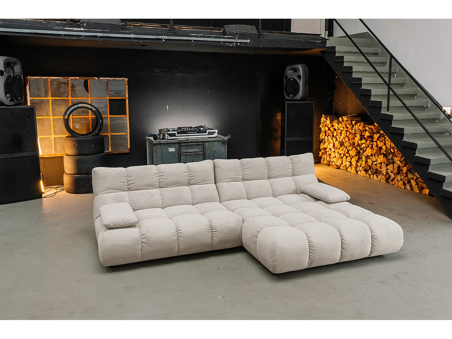 Ecksofa Polsterhocker Drehsessel Set - Beige Cord - VIVIEN