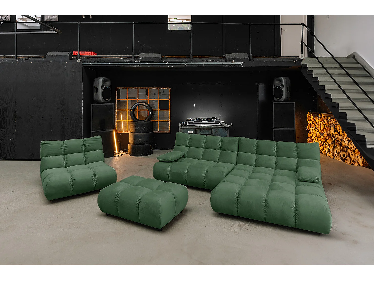 Canapé d'angle pouf rembourré fauteuil pivotant Set - vert émeraude Velours - VIVIEN