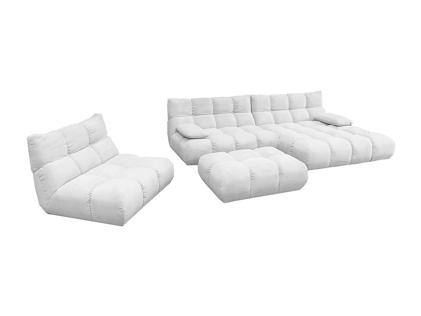 Ecksofa Polsterhocker Drehsessel Set - Weiß Cord - VIVIEN