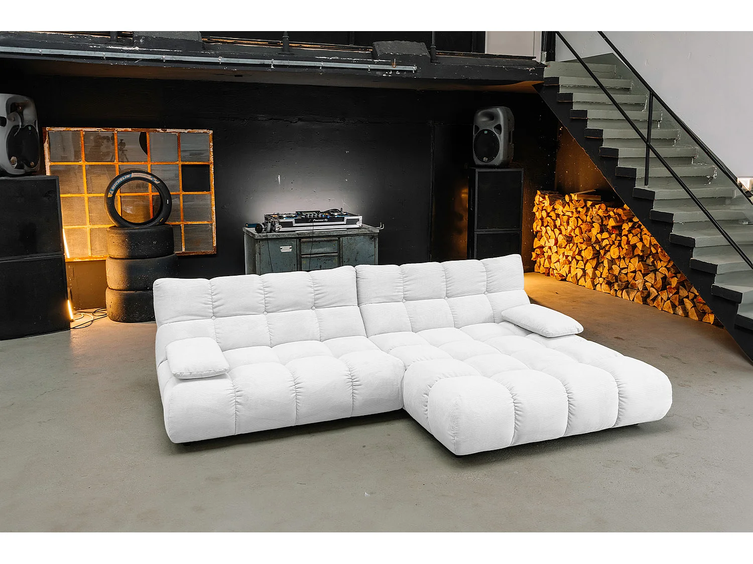 Ecksofa Polsterhocker Drehsessel Set - Weiß Cord - VIVIEN