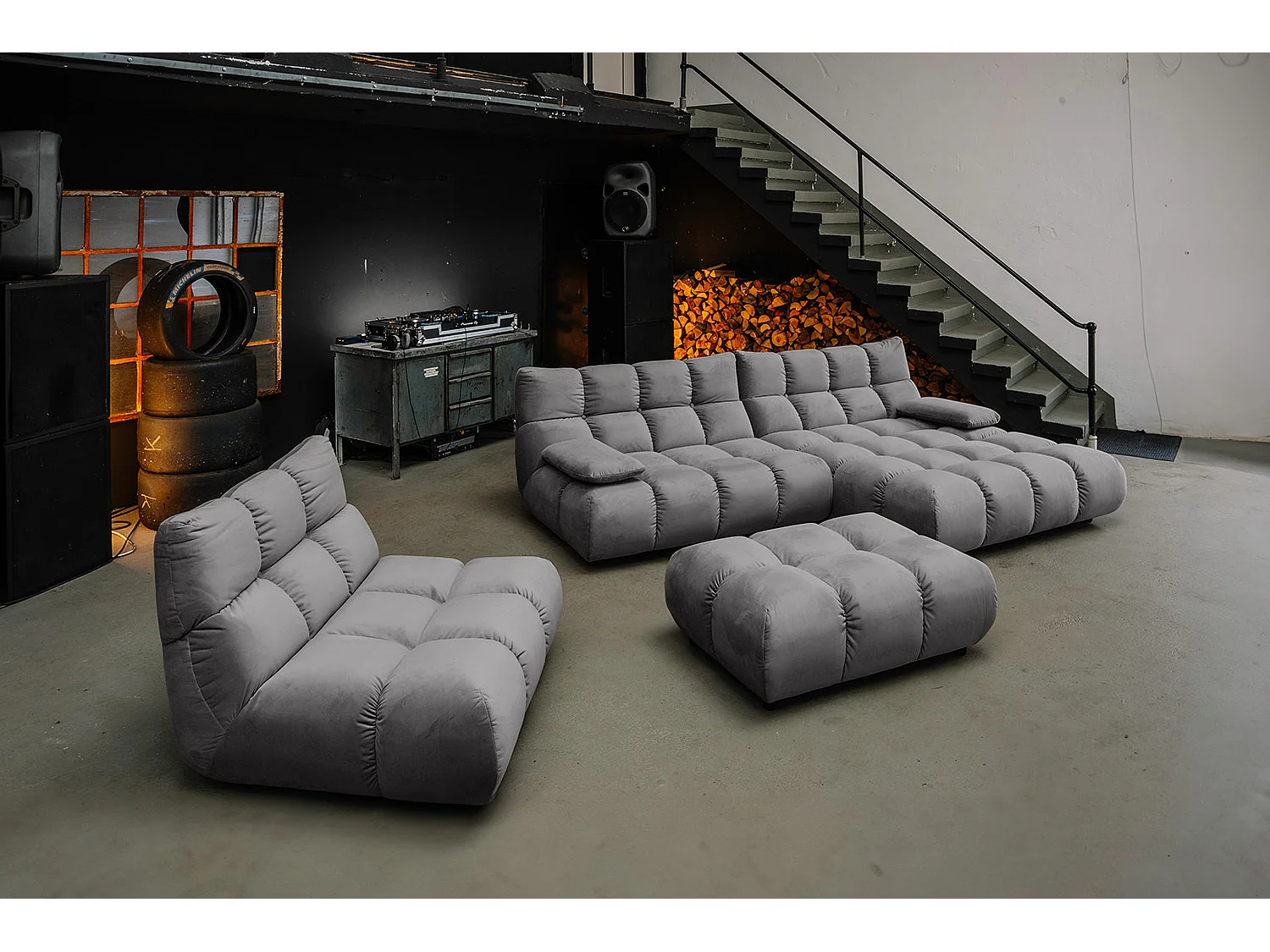 Canapé d'angle pouf rembourré fauteuil pivotant Set - gris pierre Velours - VIVIEN