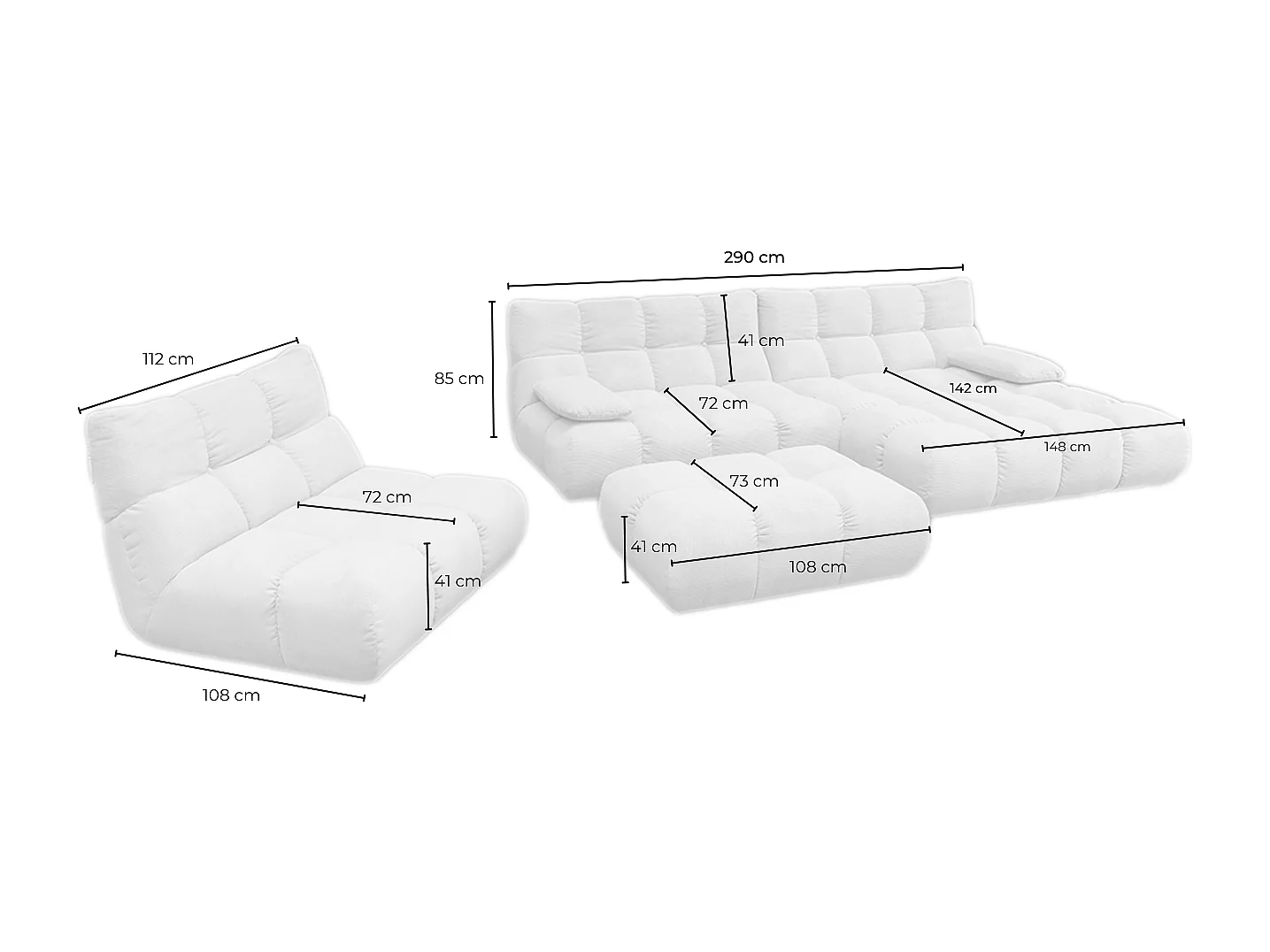 Canapé d'angle pouf rembourré fauteuil pivotant Set - gris pierre Velours - VIVIEN