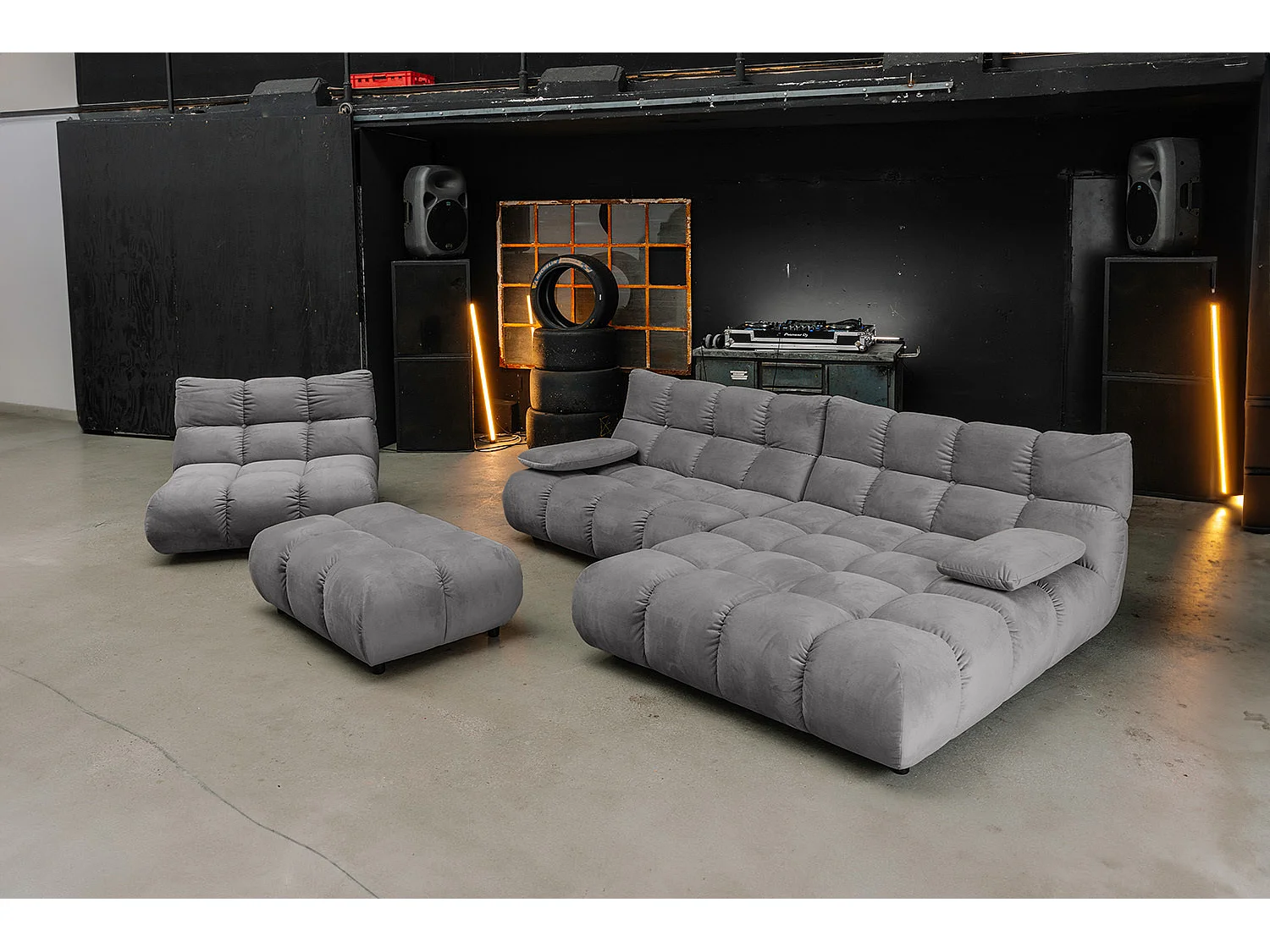 Canapé d'angle pouf rembourré fauteuil pivotant Set - gris pierre Velours - VIVIEN