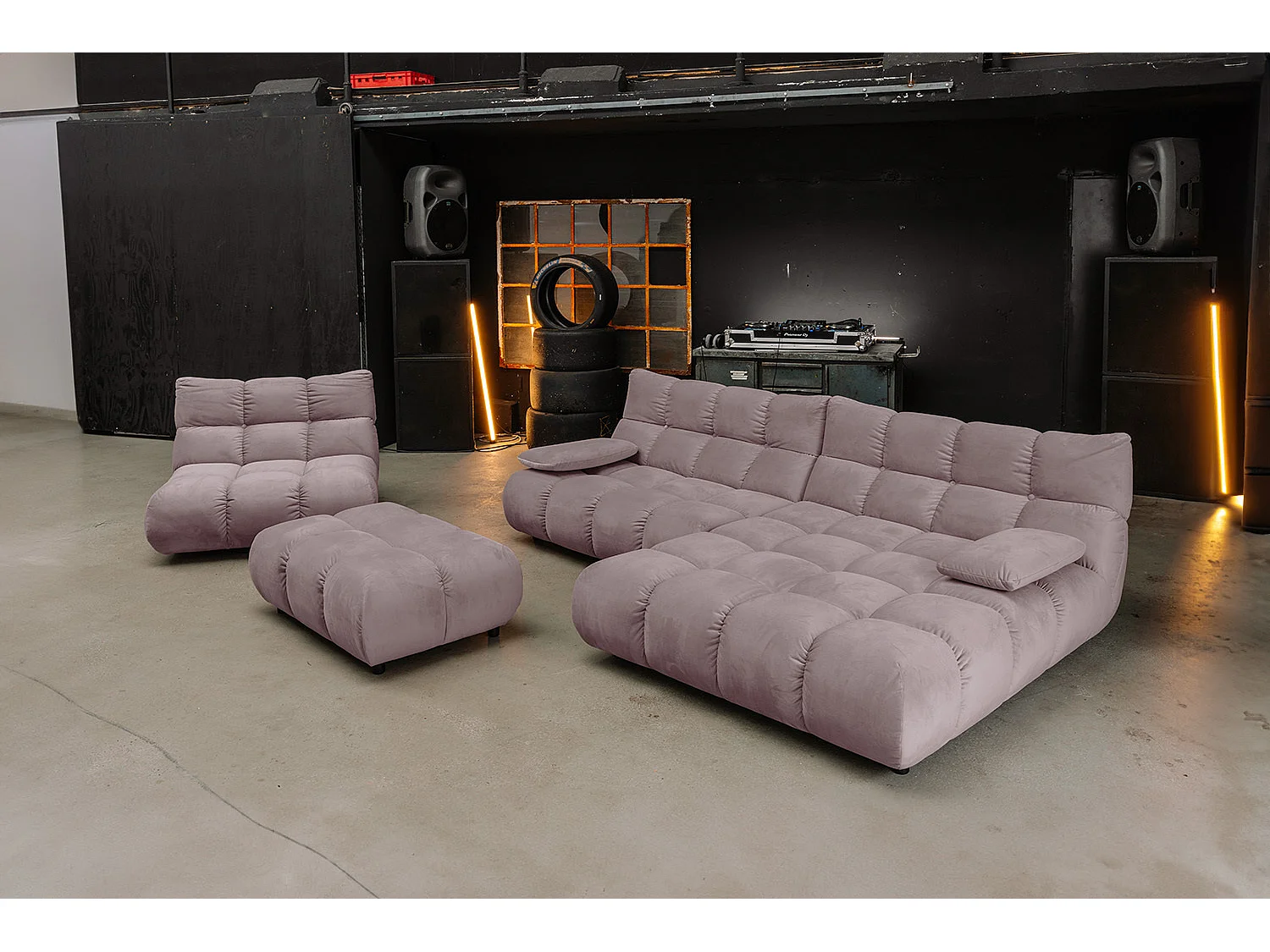 Canapé d'angle pouf rembourré fauteuil pivotant Set - Gris Velours - VIVIEN