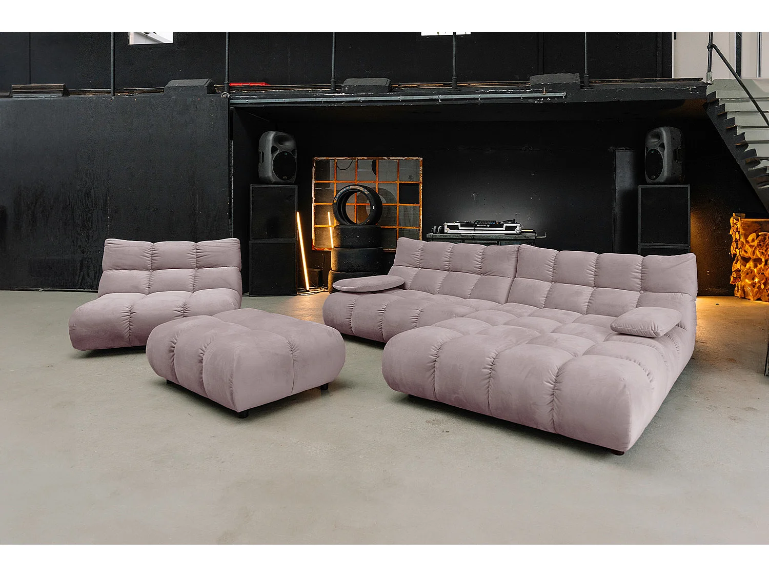 Canapé d'angle pouf rembourré fauteuil pivotant Set - Gris Velours - VIVIEN