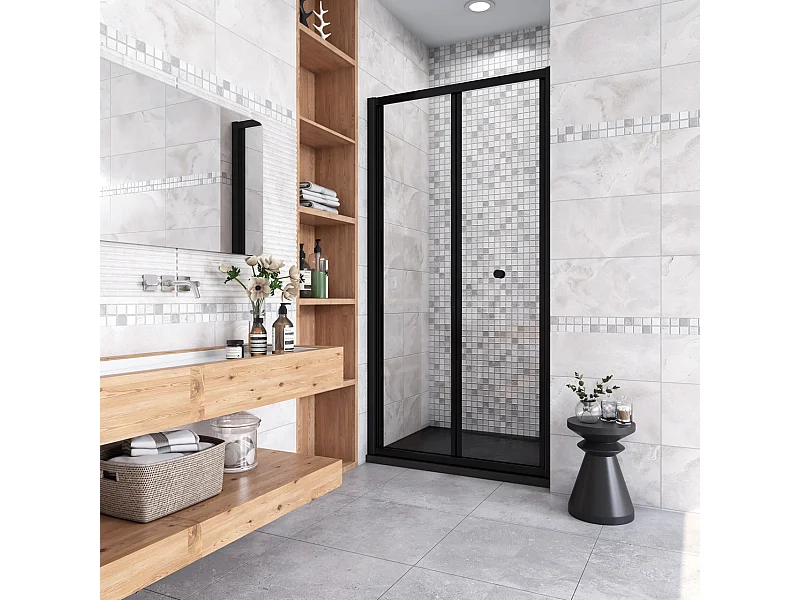 185 cm Box Doccia per Nicchia Porta a Soffietto Vetro Temperato 5 mm Trasparente  Profilo Nero Opaco 86 cm