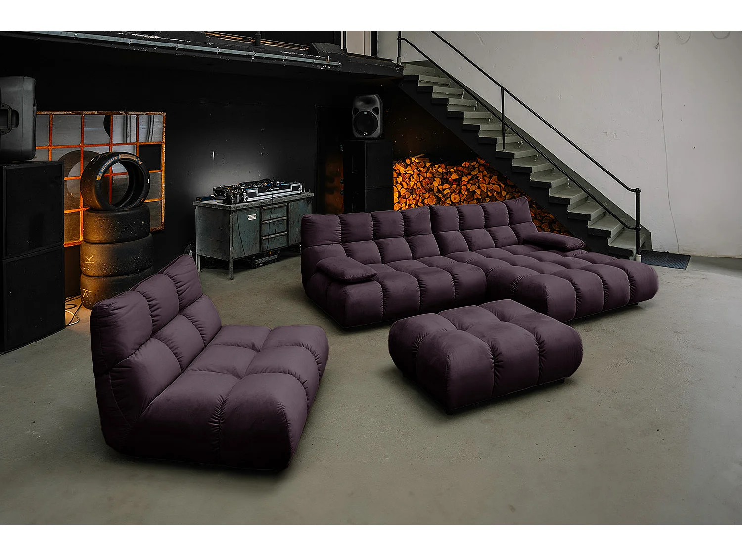 Canapé d'angle pouf rembourré fauteuil pivotant Set - Violette Velours - VIVIEN