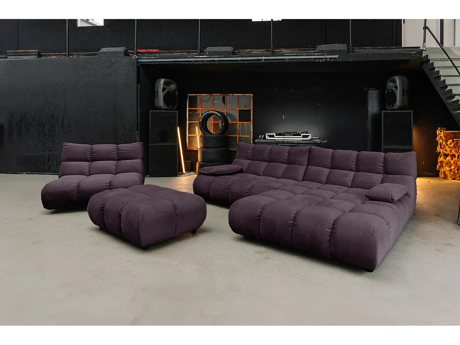 Canapé d'angle pouf rembourré fauteuil pivotant Set - Violette Velours - VIVIEN