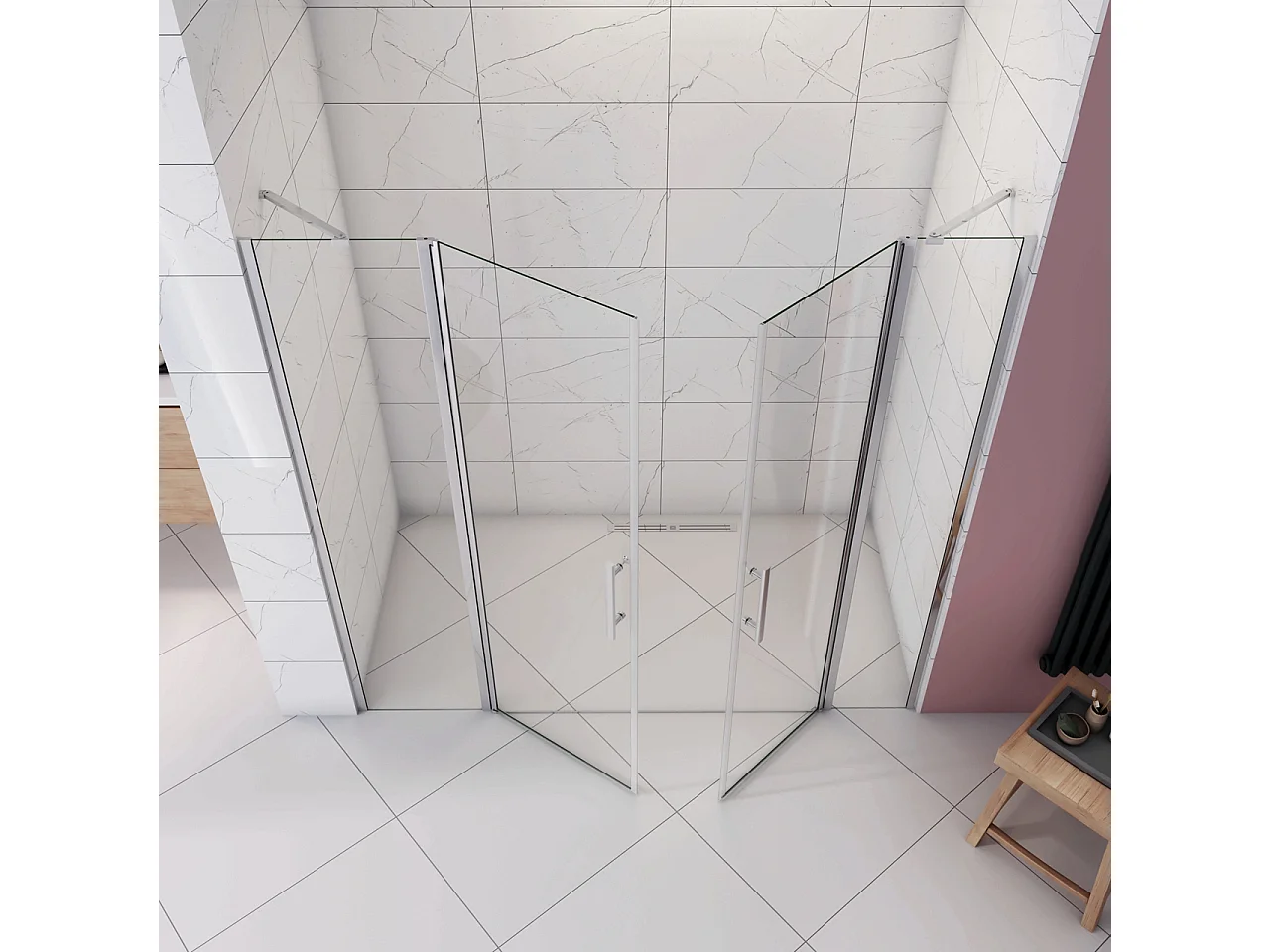 Box Doccia per Nicchia 195cm Doppia Porta Battente Saloon da 205cm (2020-2060mm) 2 Pannelli Fissi con Barra Stabilizzatrice Vetro 6 mm Anticalcare