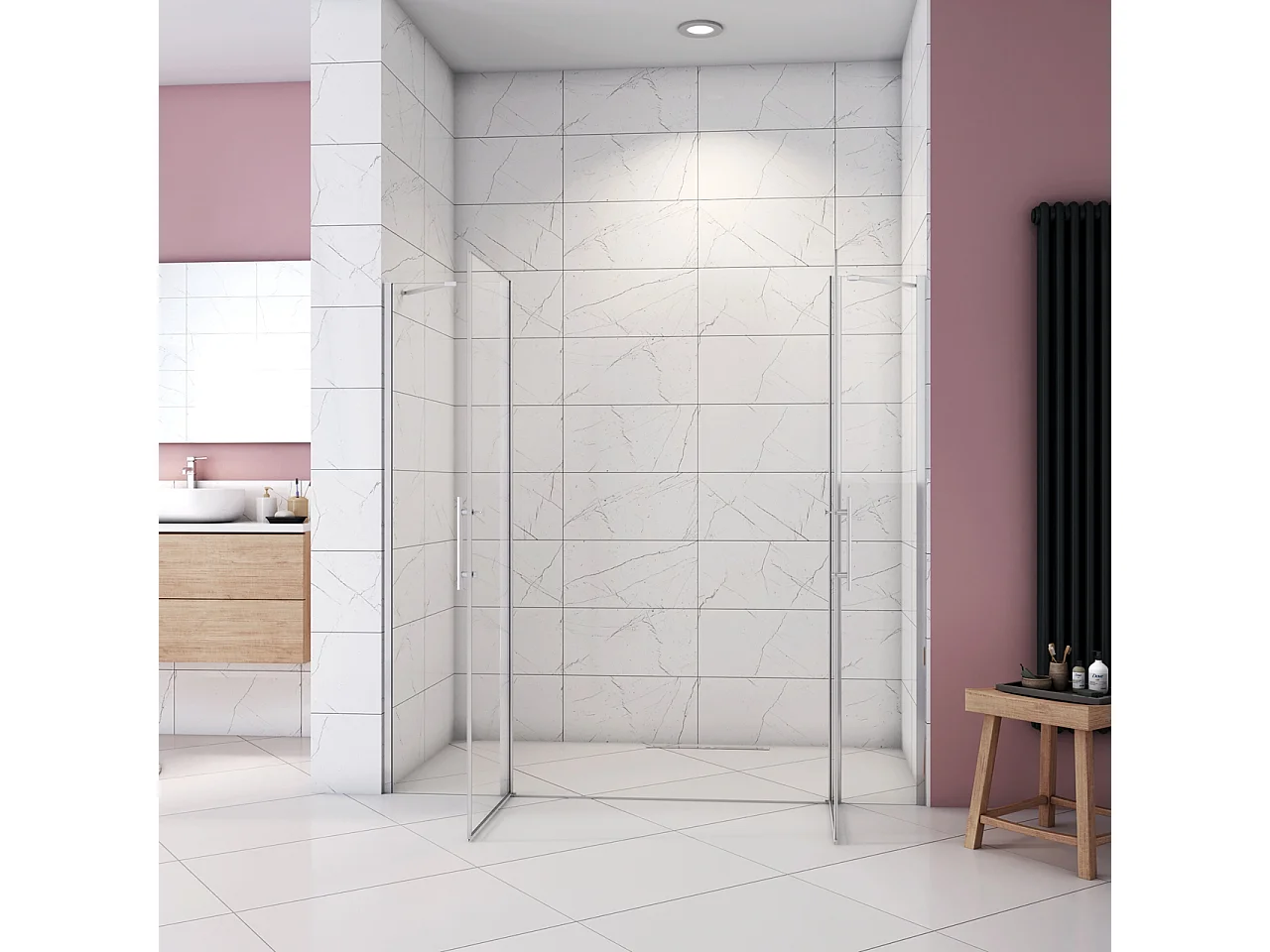 Box Doccia per Nicchia 195cm Doppia Porta Battente Saloon da 205cm (2020-2060mm) 2 Pannelli Fissi con Barra Stabilizzatrice Vetro 6 mm Anticalcare