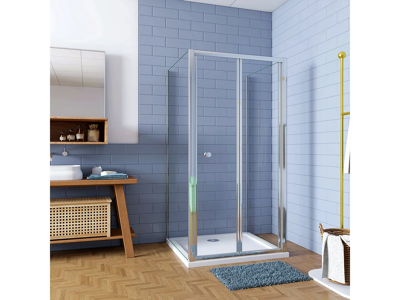 H.185cm Box Doccia a Tre Lati Porta a Soffietto 76cm con Doppia Parete Fissa 76x76cm in Vetro Temperato Trasparente 5 mm Profilo Cromo Lucido