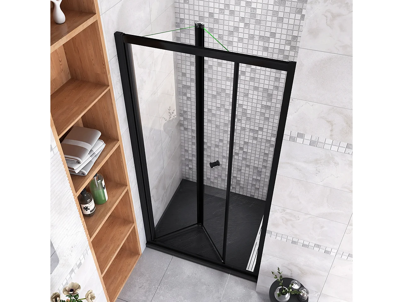 185 cm Box Doccia per Nicchia Porta a Soffietto Vetro Temperato 5 mm Trasparente  Profilo Nero Opaco 96 cm