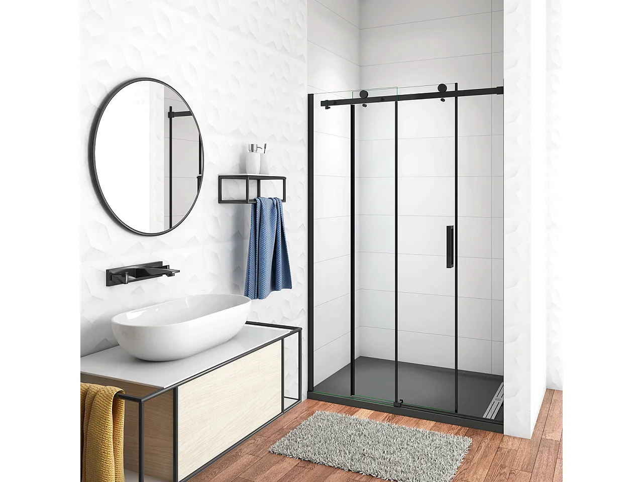 100x200 cm Box Doccia Per Nicchia Porta Scorrevole Ingresso Laterale in Vetro 8 mm Temperato Trasparente Anticalcare Telai in Alluminio Nero Opaco