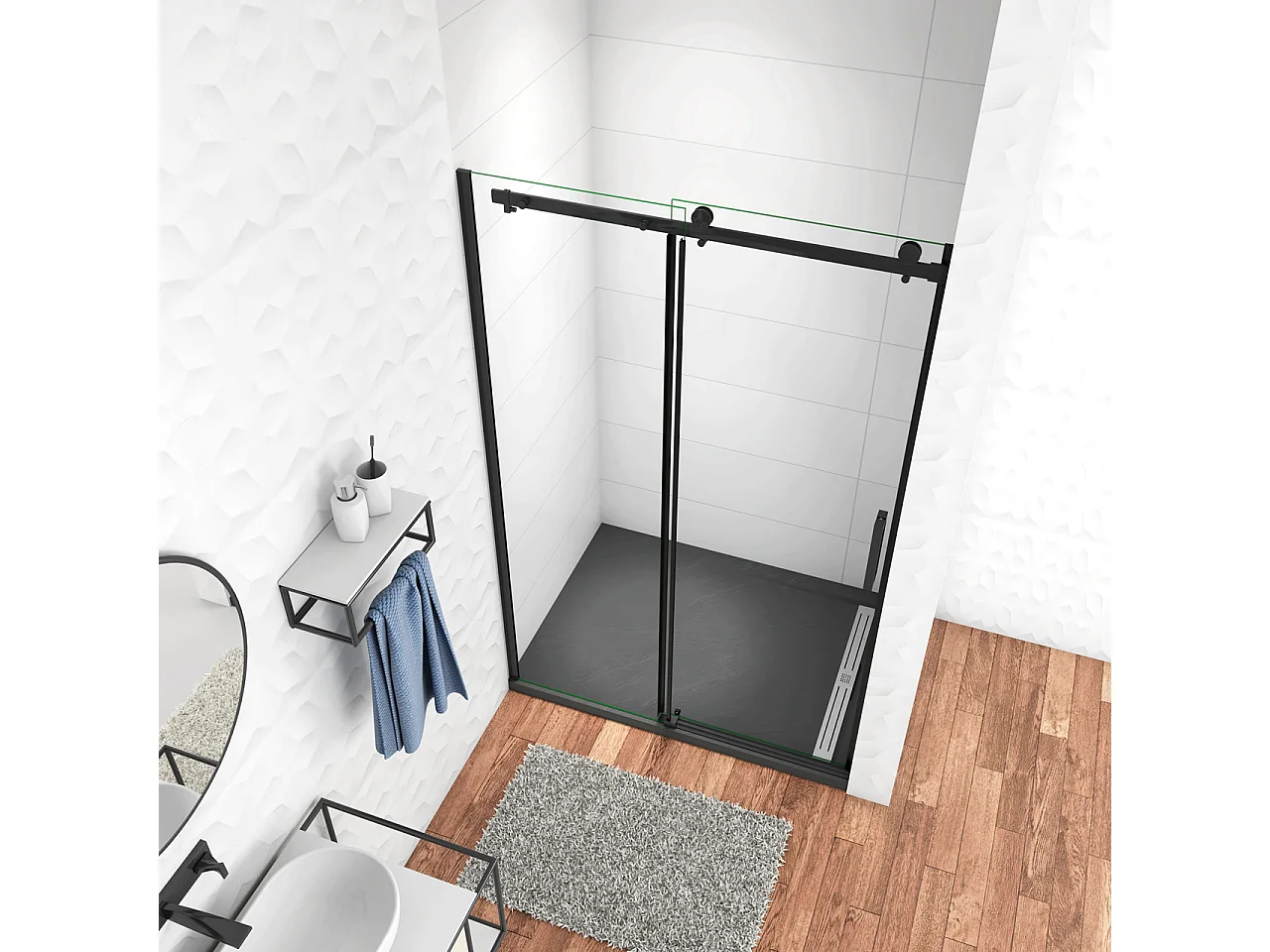 100x200 cm Box Doccia Per Nicchia Porta Scorrevole Ingresso Laterale in Vetro 8 mm Temperato Trasparente Anticalcare Telai in Alluminio Nero Opaco