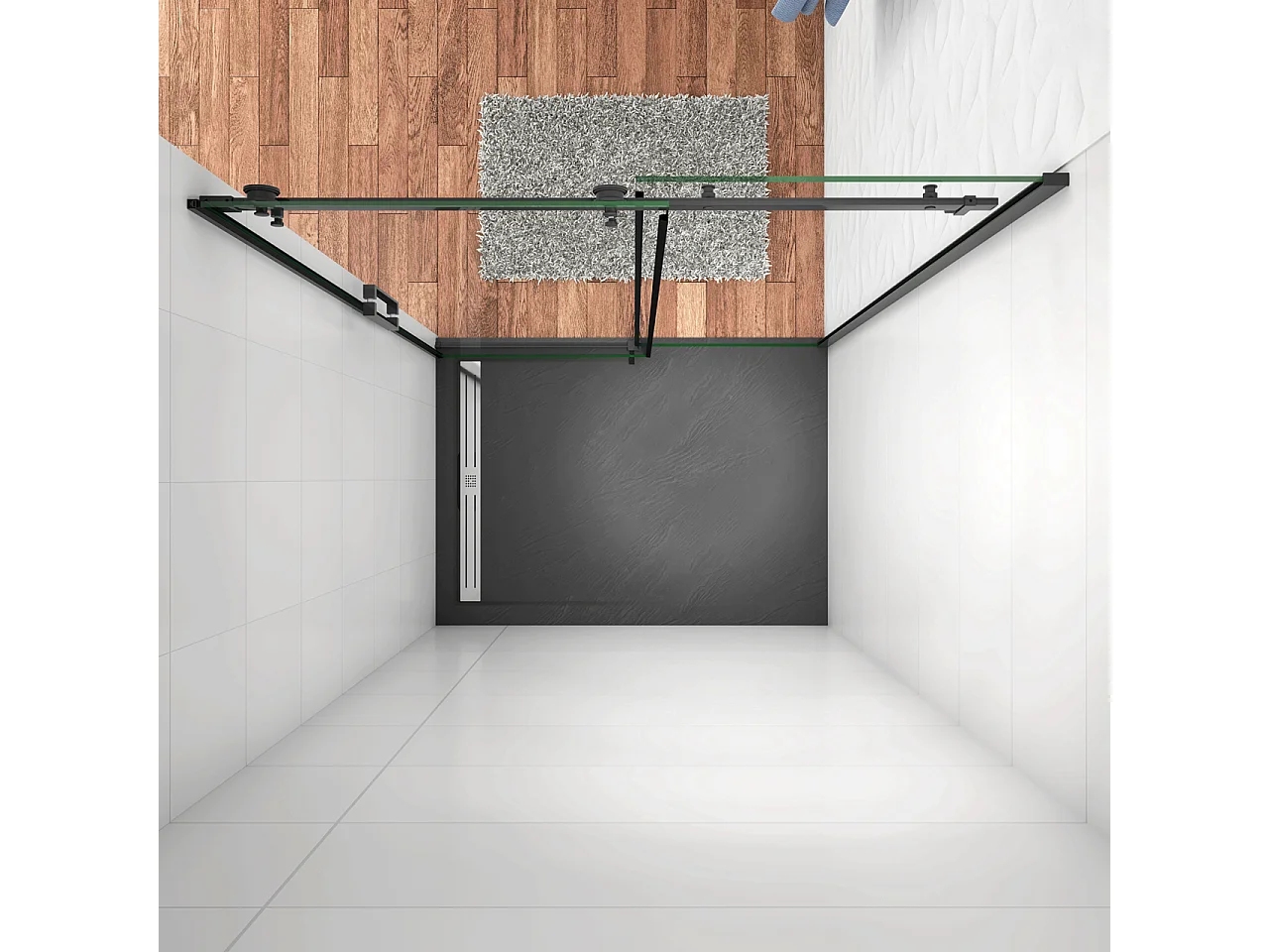 100x200 cm Box Doccia Per Nicchia Porta Scorrevole Ingresso Laterale in Vetro 8 mm Temperato Trasparente Anticalcare Telai in Alluminio Nero Opaco