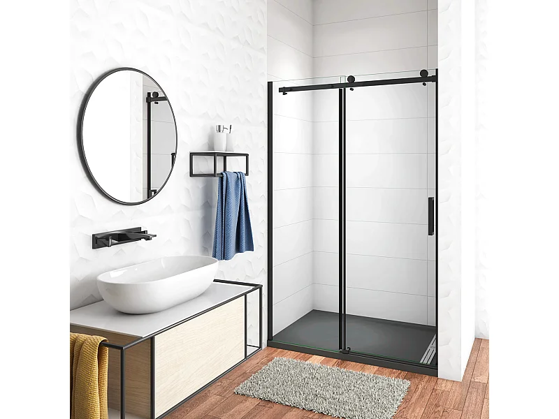 100x200 cm Box Doccia Per Nicchia Porta Scorrevole Ingresso Laterale in Vetro 8 mm Temperato Trasparente Anticalcare Telai in Alluminio Nero Opaco