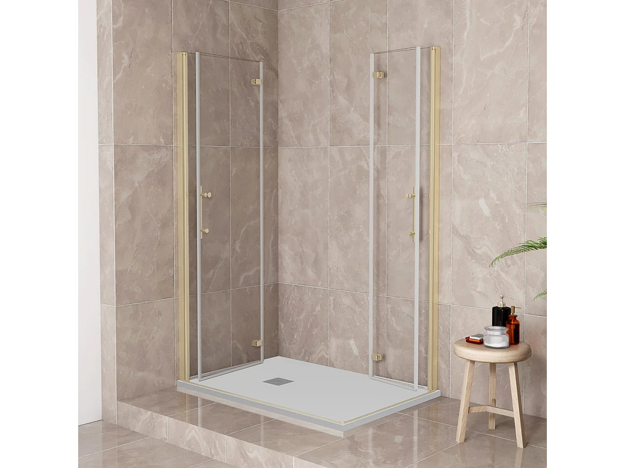 185cm Box Doccia Angolare 100x76cm Doppia Porta Battente Pieghevole Vetro Temperato Trasparente 6 mm Anticalcare Telaio Dorato Spazzolato