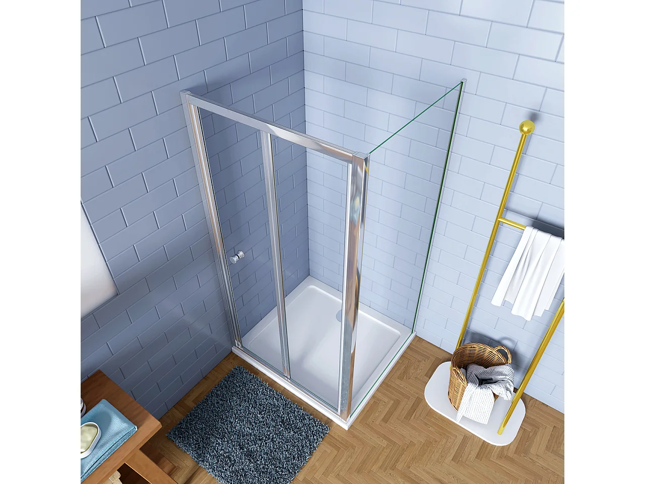 H.185cm Box Doccia Angolare Porta a Soffietto con Parete Fissa 76x80cm in Vetro Temperato Trasparente 5 mm Profilo Cromo Lucido