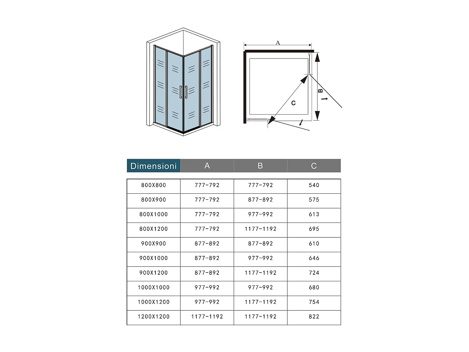 Box Doccia Angolare 90x80 cm H.185 cm Doppia Porta Battente in Vetro Temperato Trasparente Anticalcare 6 mm Profilo Nero Opaco