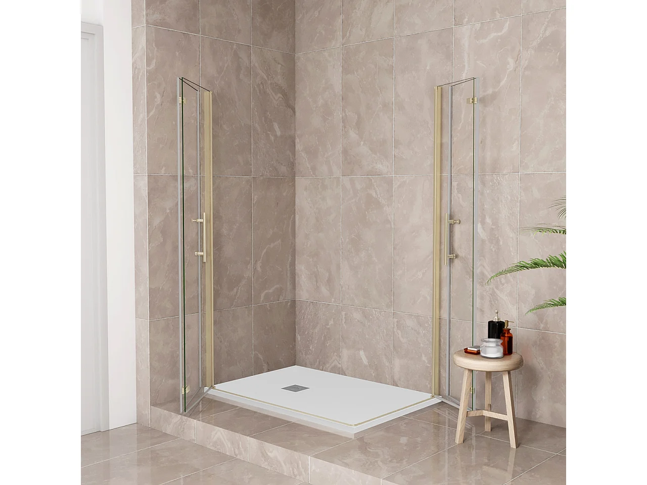 185cm Box Doccia Angolare 90x76cm Doppia Porta Battente Pieghevole Vetro Temperato Trasparente 6 mm Anticalcare Telaio Dorato Spazzolato