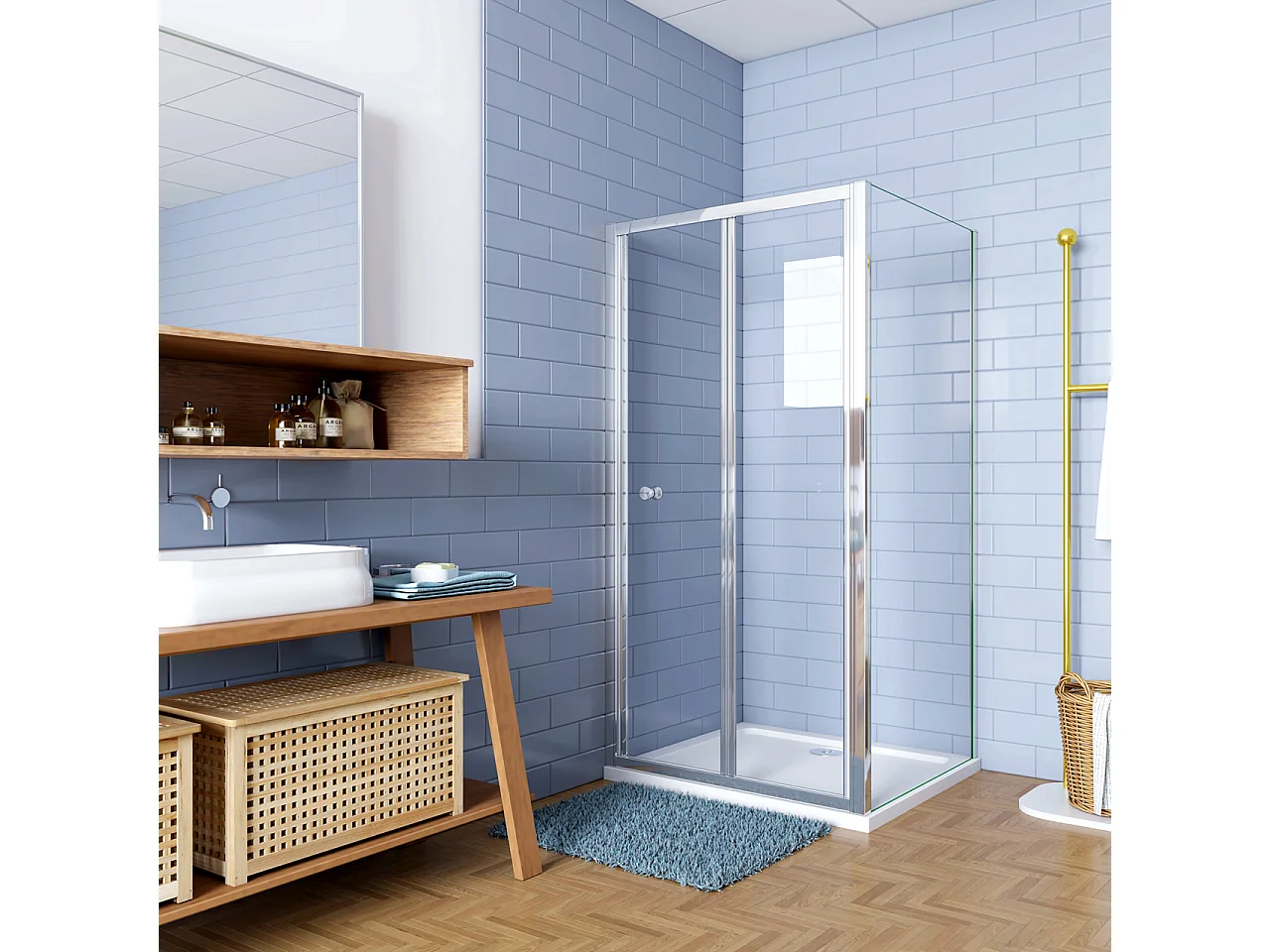 H.185cm Box Doccia Angolare Porta a Soffietto con Parete Fissa 80x90cm in Vetro Temperato Trasparente 5 mm Profilo Cromo Lucido