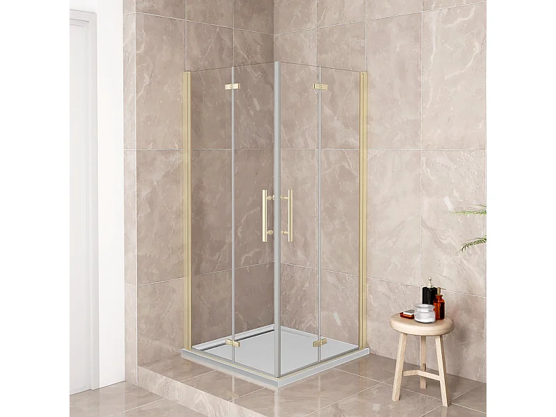 185cm Box Doccia Angolare 76x76cm Doppia Porta Battente Pieghevole Vetro Temperato Trasparente 6 mm Anticalcare Telaio Dorato Spazzolato