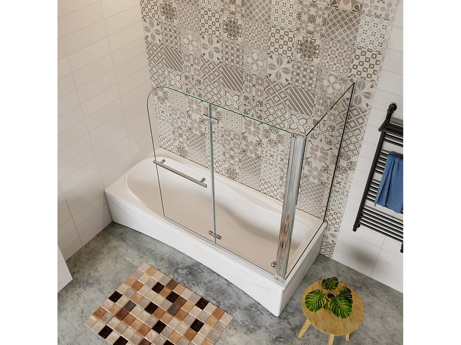 120x140cm Parete Doccia Sopravasca Angolare 2 Ante Pieghevoli con Parete Laterale 60cm Vetro Temperato 6 mm Anticalcare Portasciugamani Cromato Lucido