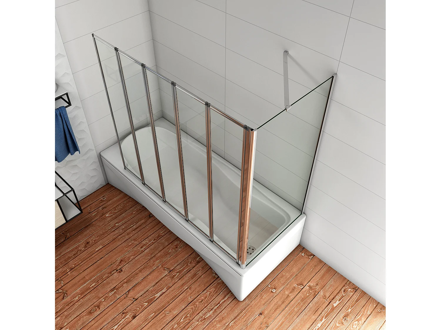 H.140 cm Parete Doccia Sopravasca Angolare Pieghevole 120 cm (5 Antine）con Parete Laterale 60 cm Vetro Temperato Telaio Cromato Lucido