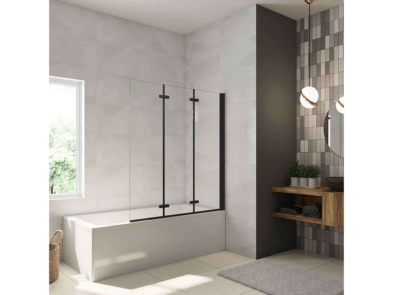 Parete Doccia Per Vasca da Bagno 130x140 cm 3 Ante Movibili Pieghevoli a Libro in Vetro Temperato 6 mm Trasparente Anticalcare Telaio Nero Opaco