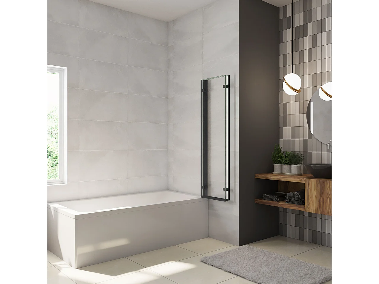 Parete Doccia Per Vasca da Bagno 130x140 cm 3 Ante Movibili Pieghevoli a Libro in Vetro Temperato 6 mm Trasparente Anticalcare Telaio Nero Opaco