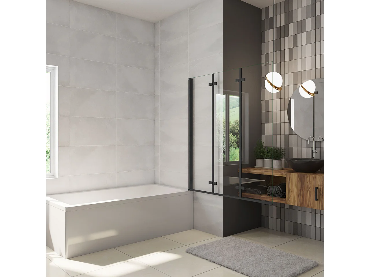 Parete Doccia Per Vasca da Bagno 130x140 cm 3 Ante Movibili Pieghevoli a Libro in Vetro Temperato 6 mm Trasparente Anticalcare Telaio Nero Opaco