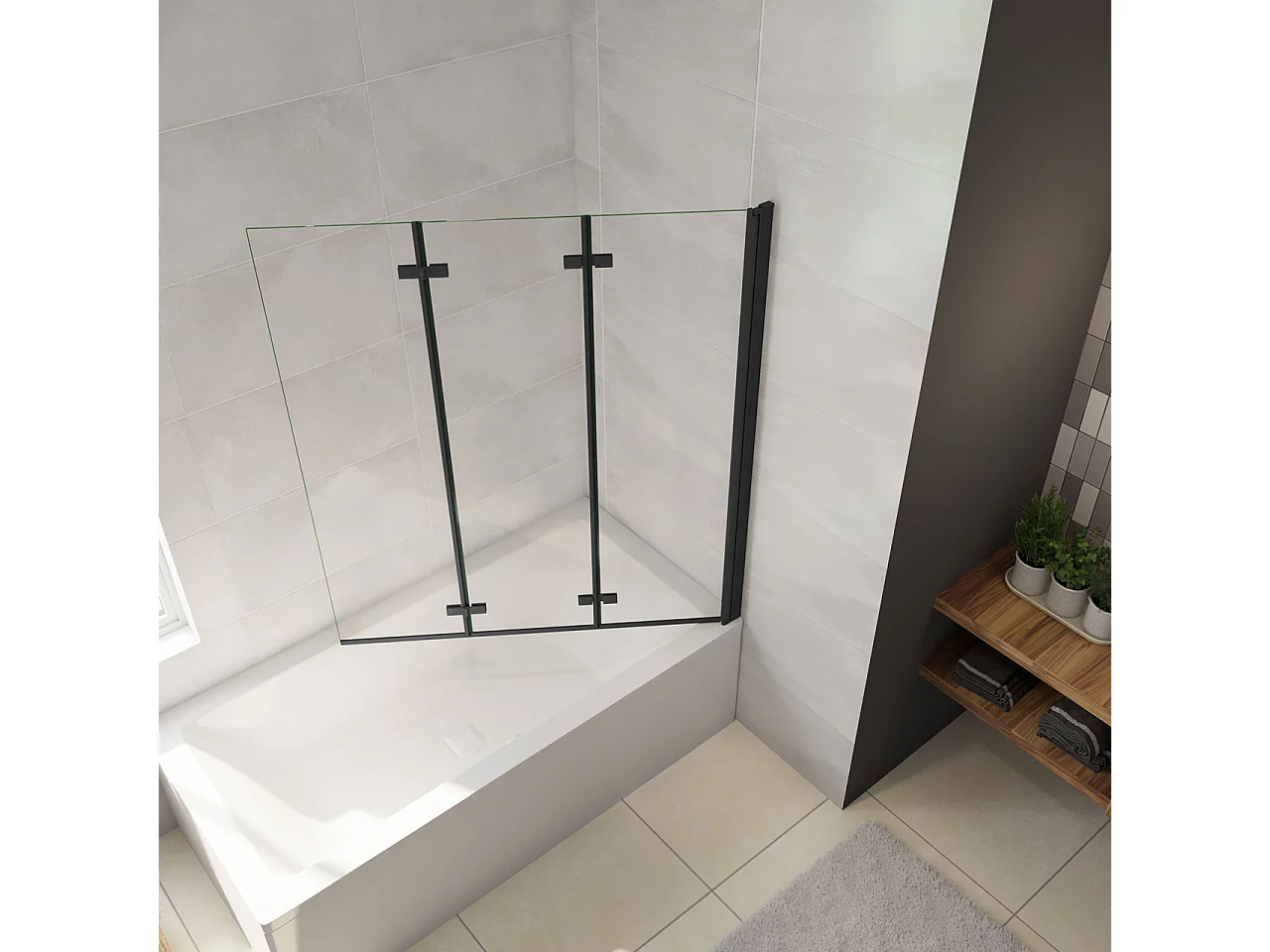 Parete Doccia Per Vasca da Bagno 130x140 cm 3 Ante Movibili Pieghevoli a Libro in Vetro Temperato 6 mm Trasparente Anticalcare Telaio Nero Opaco