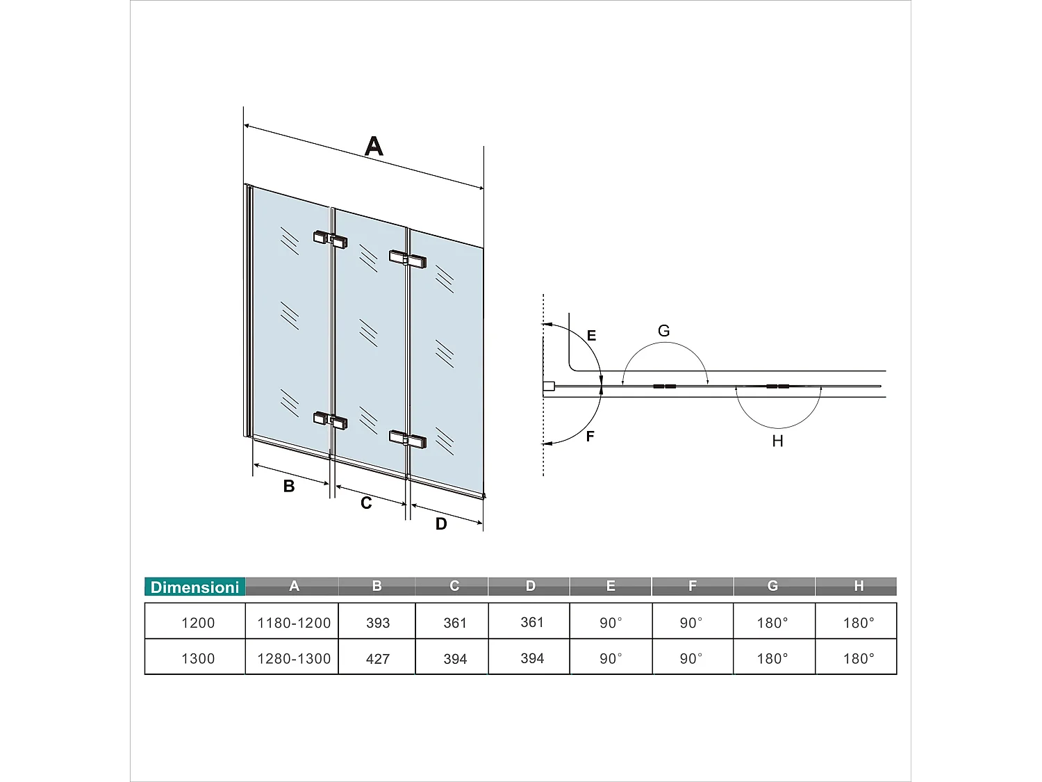 Parete Doccia Per Vasca da Bagno 130x140 cm 3 Ante Movibili Pieghevoli a Libro in Vetro Temperato 6 mm Trasparente Anticalcare Telaio Nero Opaco
