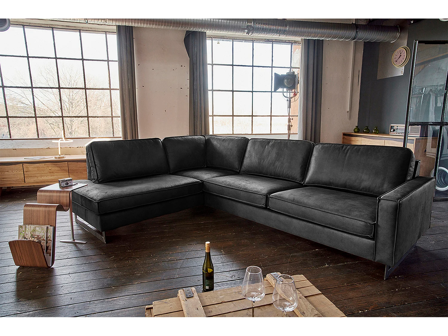 Sofá esquinero - Negro Tejido de fibra de cuero - VILNIUS