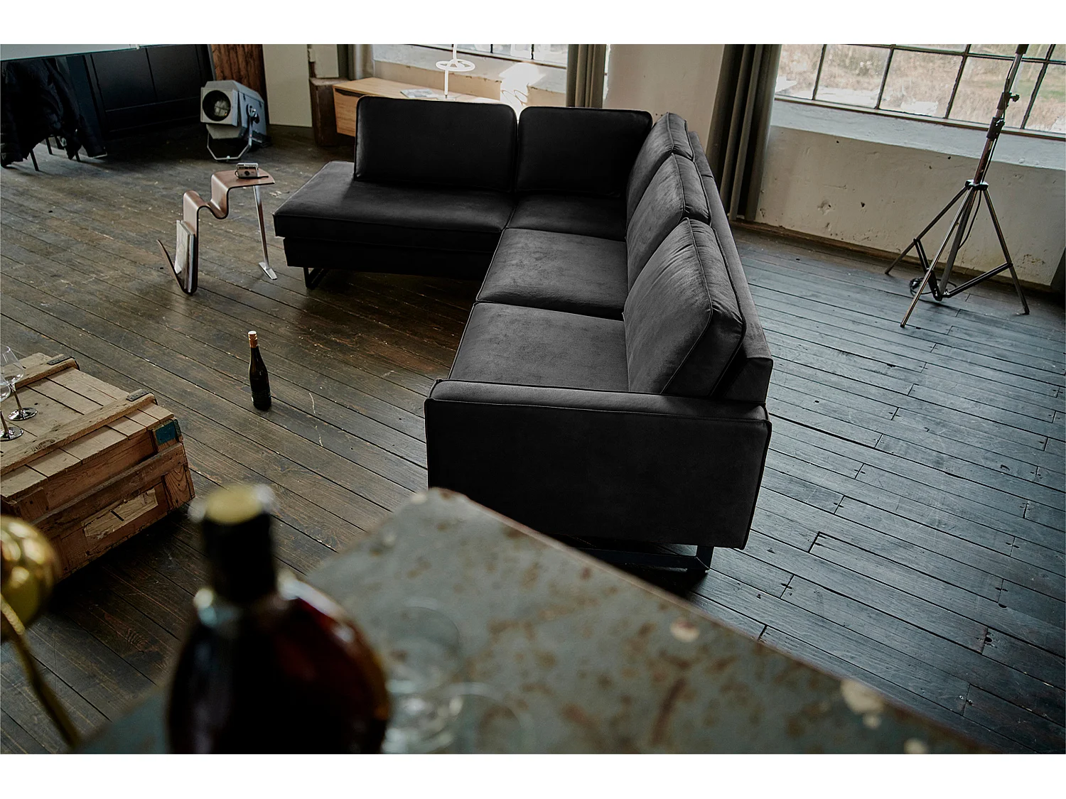 Sofá esquinero - Negro Tejido de fibra de cuero - VILNIUS