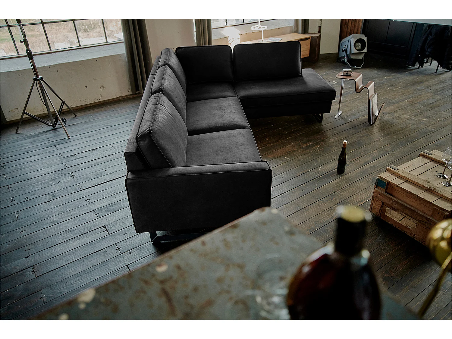 Sofá esquinero - Negro Tejido de fibra de cuero - VILNIUS