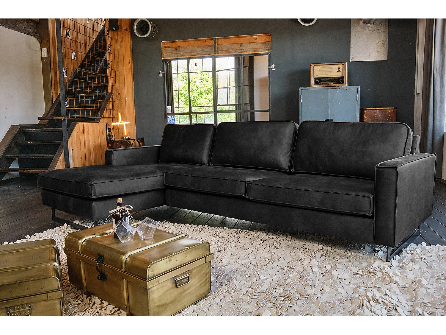 Sofá esquinero - Negro Tejido de fibra de cuero - VILNIUS