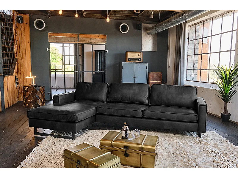 Sofá esquinero - Negro Tejido de fibra de cuero - VILNIUS