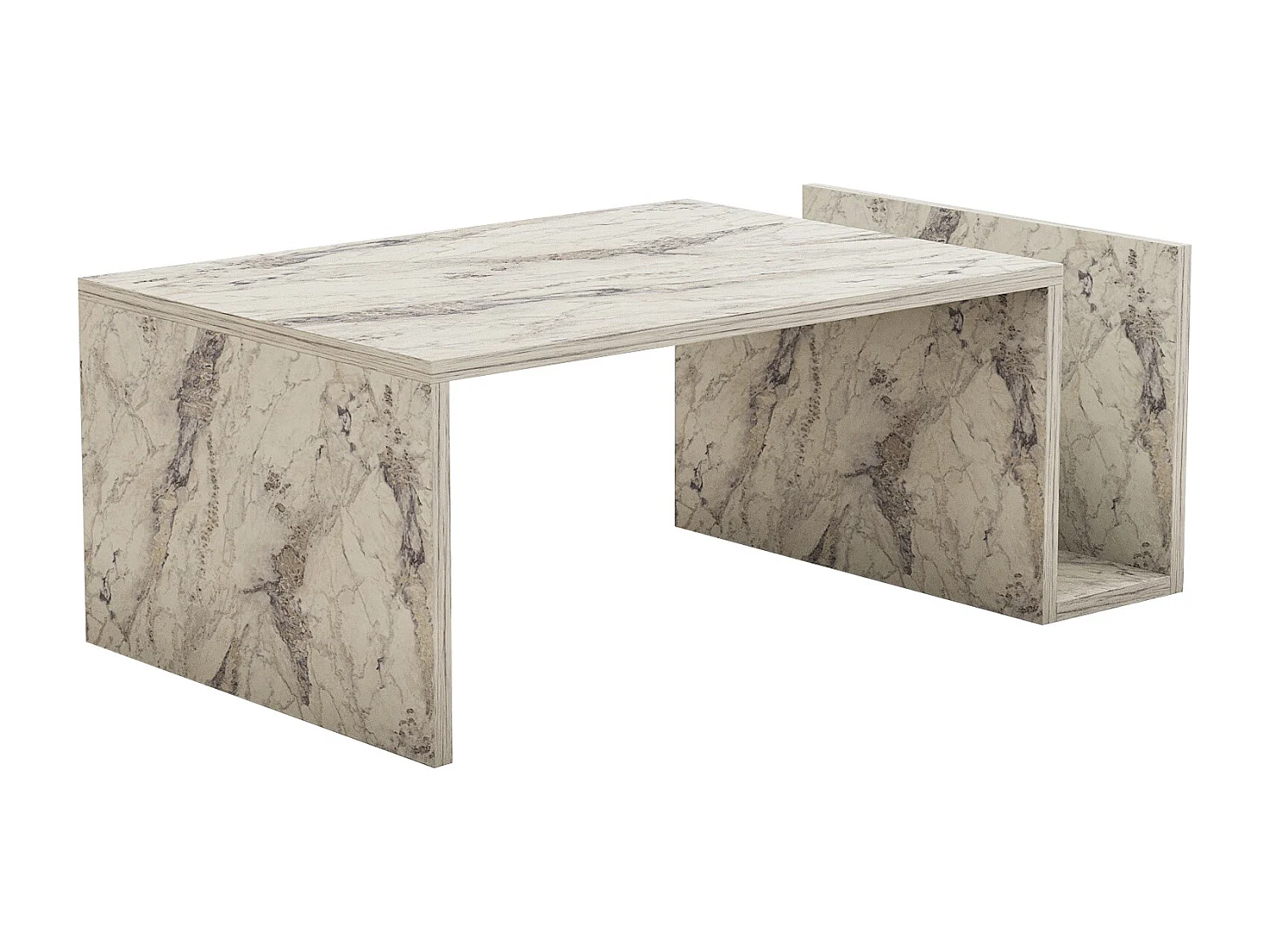 Table basse rectangulaire en bois "Memo" 86x50x32 cm avec étagère, finition marbre Freesia blanche