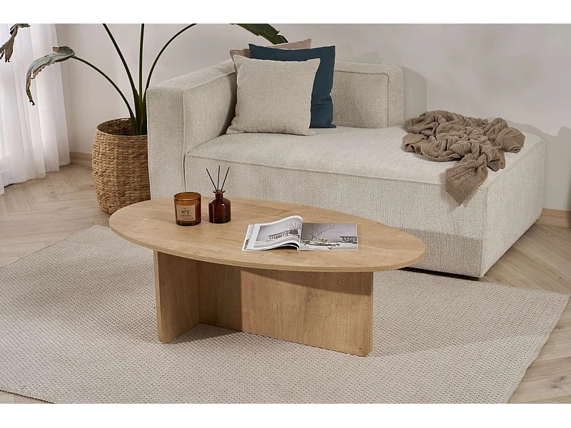 Table basse ovale en bois chêne "Orba" 120x65x40 cm, design épuré sans rangement