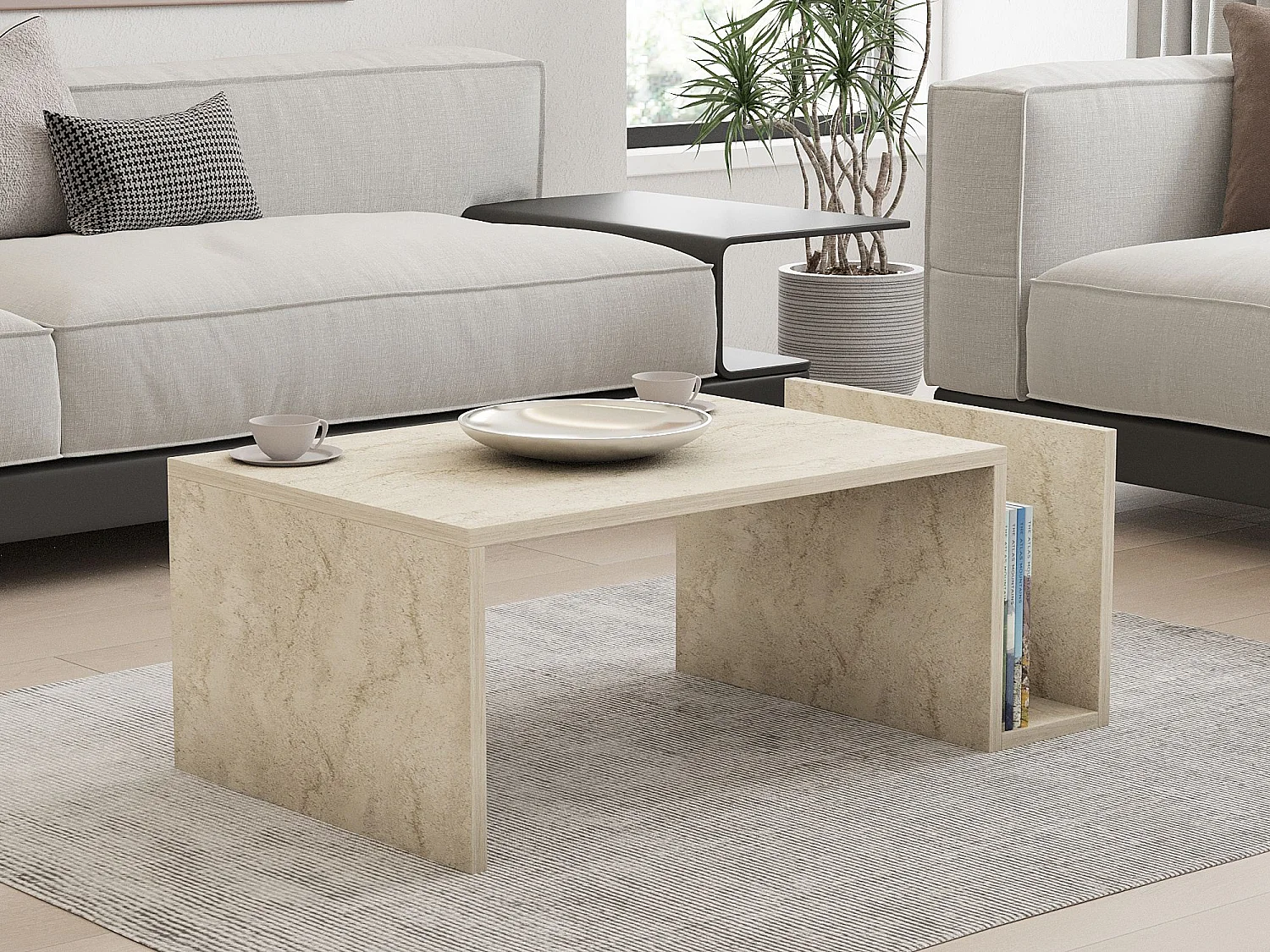 Table basse bois "Memo" beige travertin 86x50x32 cm avec étagère de rangement