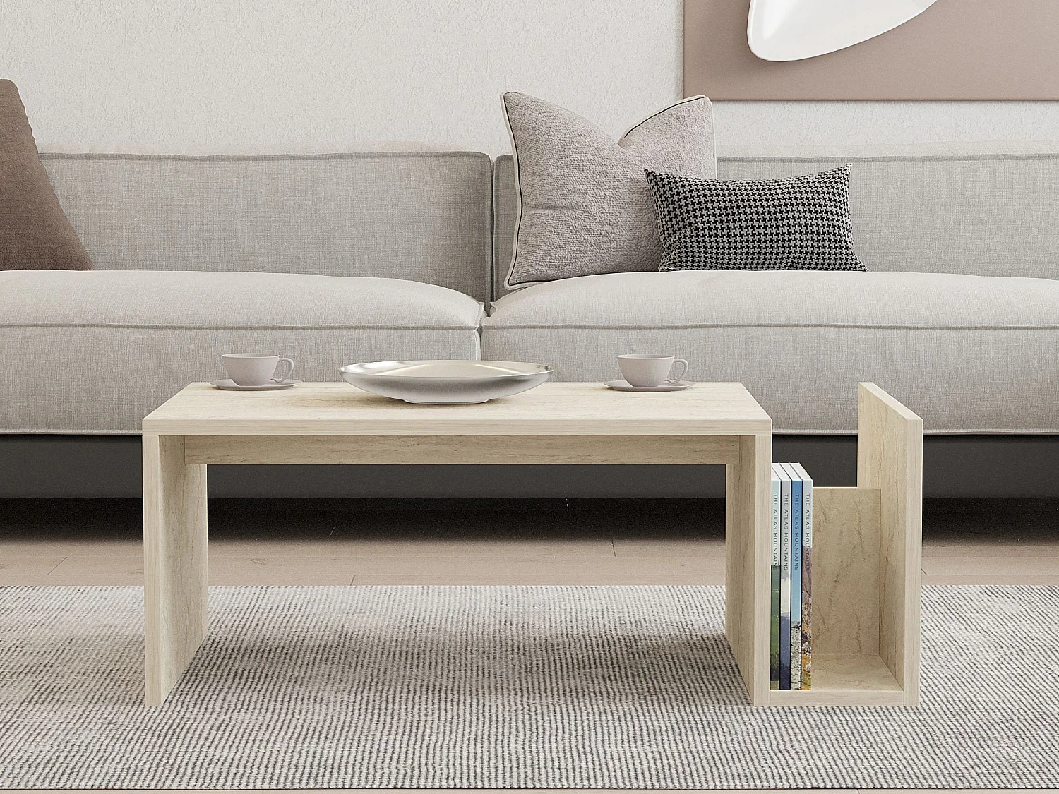 Table basse bois "Memo" beige travertin 86x50x32 cm avec étagère de rangement
