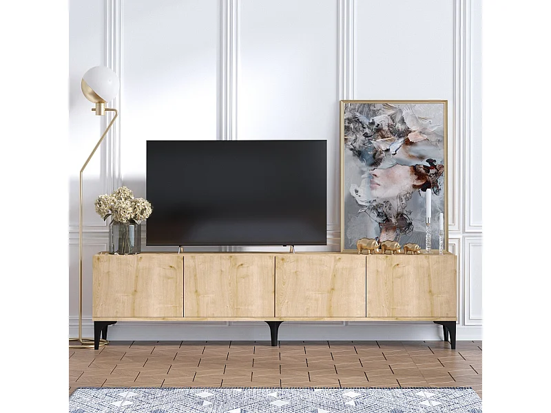 Meuble TV "Nora" en bois Chêne Saphir 180x35x50 cm, 4 portes, style scandinave industriel traditionnel