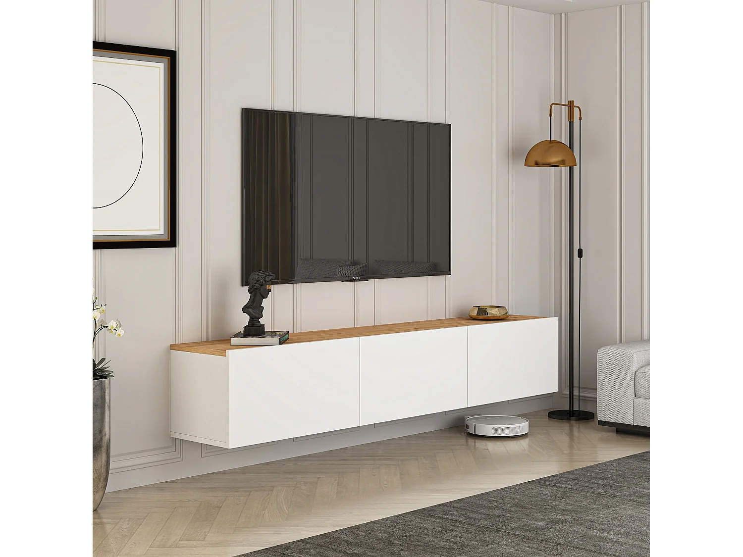 TV-stativ i vit atlantisk tall "West" - 150 x 32 x 30 cm - 3.0 Dörrar